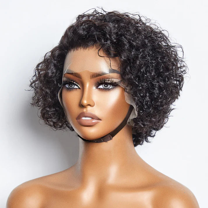 8 inch Short Curly Pixie Cut 13"x4" Frontal Lace Wig Pre-Bleached Knots Brazilian Human Virgin Hair 150% Density