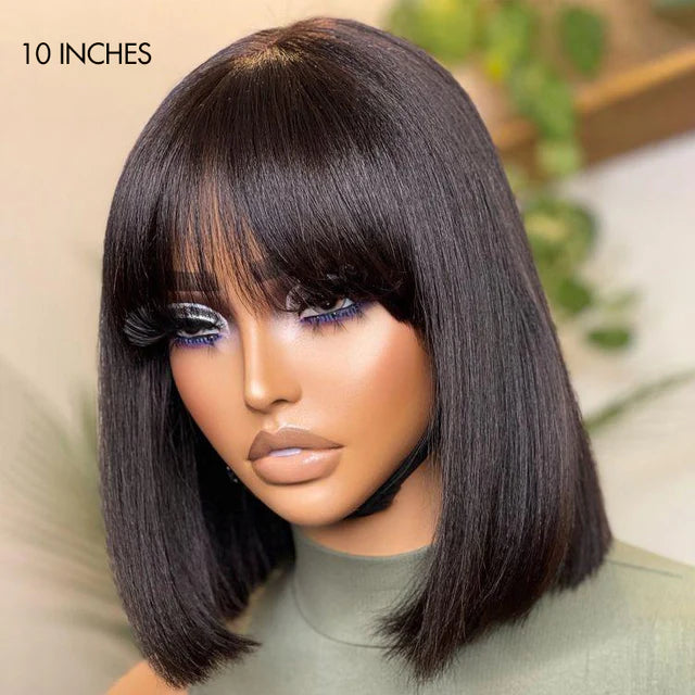 Put On and Go Realistic Glueless Yaki Straight Bob with Bangs Minimalist Lace Wig 100% Human Hair