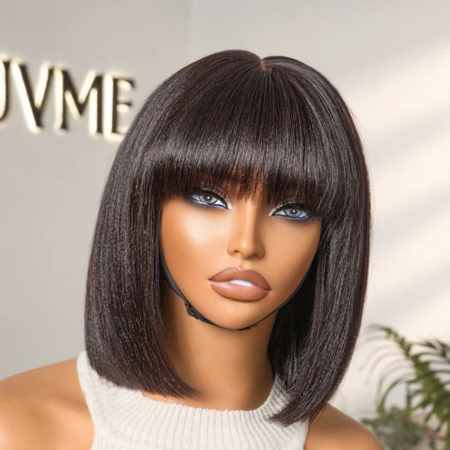 Put On and Go Realistic Glueless Yaki Straight Bob with Bangs Minimalist Lace Wig 100% Human Hair