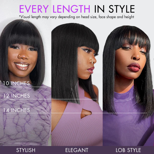 Put On and Go Realistic Glueless Yaki Straight Bob with Bangs Minimalist Lace Wig 100% Human Hair