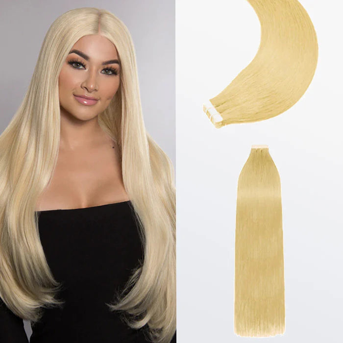 Premium Quality Straight Tape In Remy Hair Extensions #613 Lightest Blonde