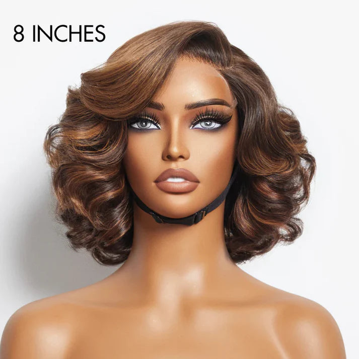 8 inch Brown Ombre Highlight Loose Wave Glueless Minimalist HD Lace Wig Ready To Go