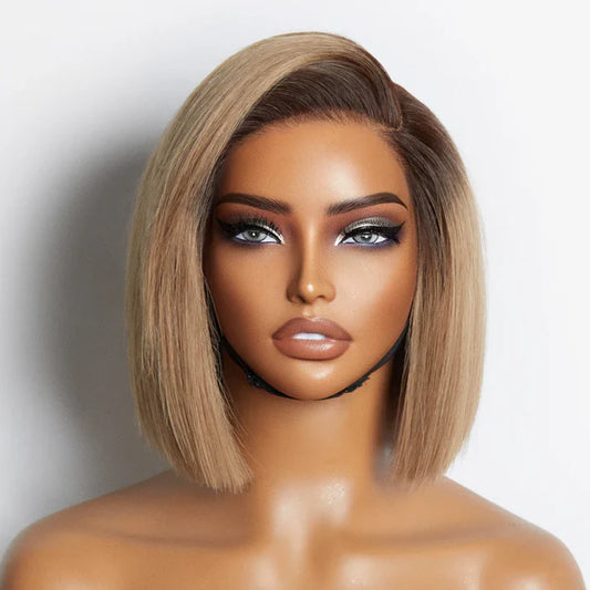 8 inch Ash Blonde Ombre Blunt Cut Bob Glueless Minimalist HD Lace Ready to Go Short Bob Wig