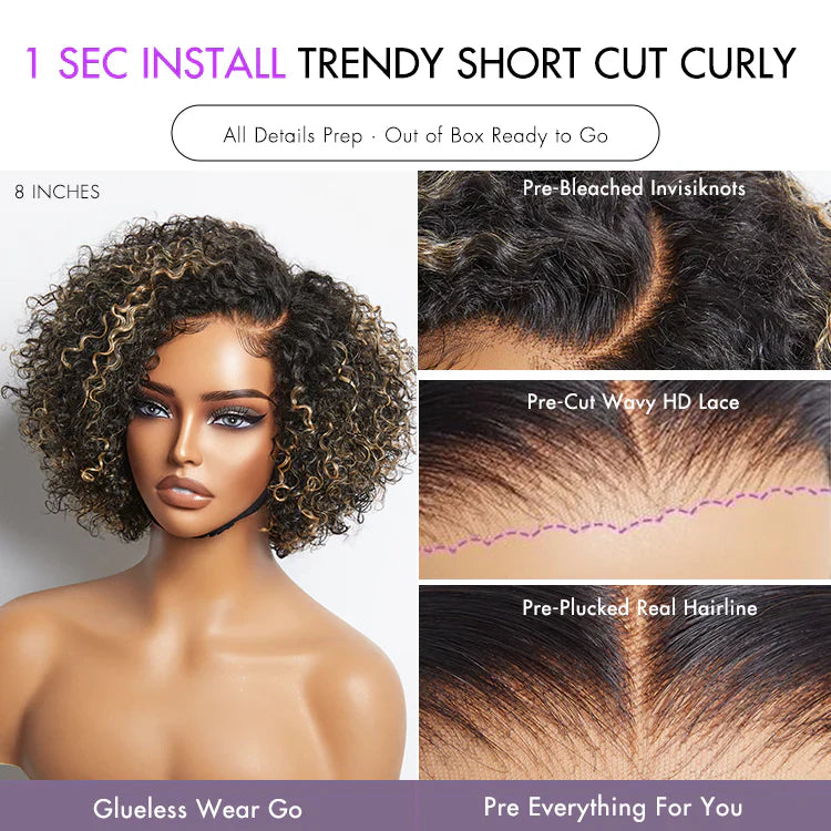 8 inch Trendy Short Cut Curly Minimalist HD Lace Glueless Side Part Wig