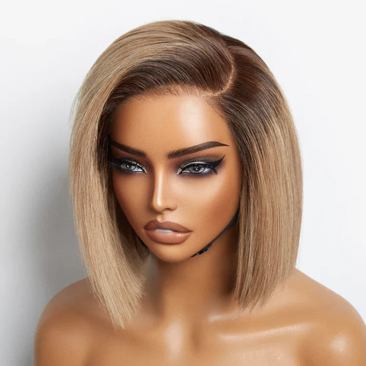 8 inch Ash Blonde Ombre Blunt Cut Bob Glueless Minimalist HD Lace Ready to Go Short Bob Wig