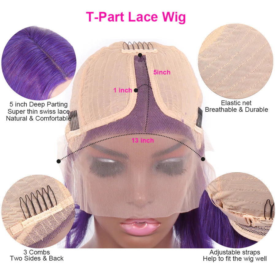 Short Purple Bob Wig Silky Straight 13x1x4 Swiss Lace Front T Part Virgin Human Hair Wigs Pre Plucked for Women 150% Density